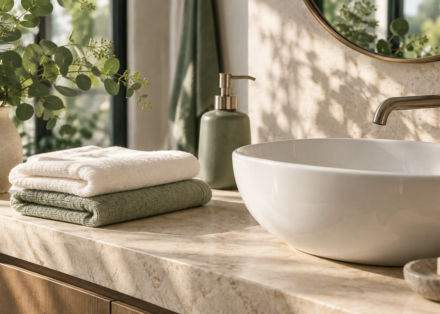 A soap dispenser, folded towels and a sunlit porcelain basin.