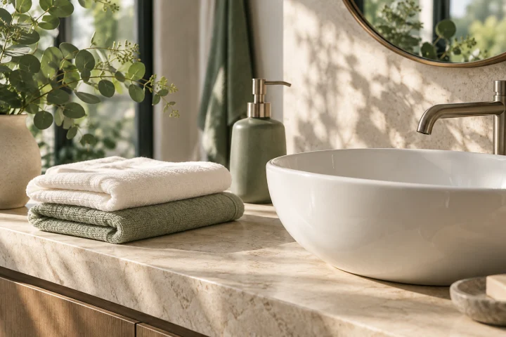 A soap dispenser, folded towels and a sunlit porcelain basin.