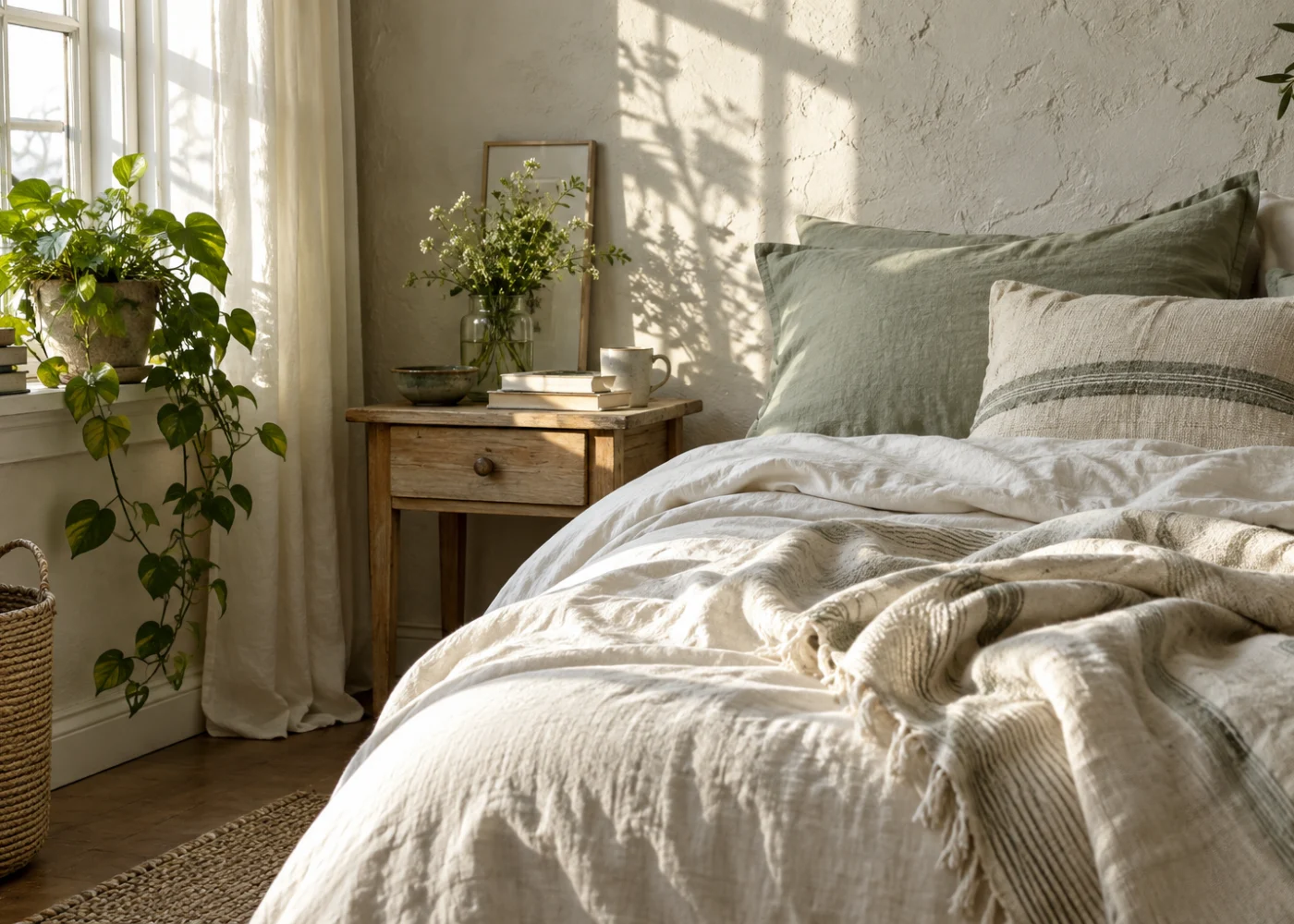 Soft linen bedding and a sunlit bedroom corner.