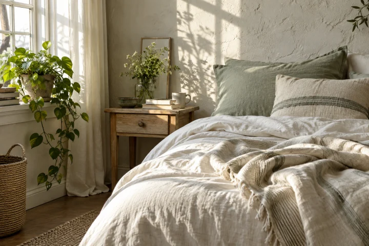 Soft linen bedding and a sunlit bedroom corner.