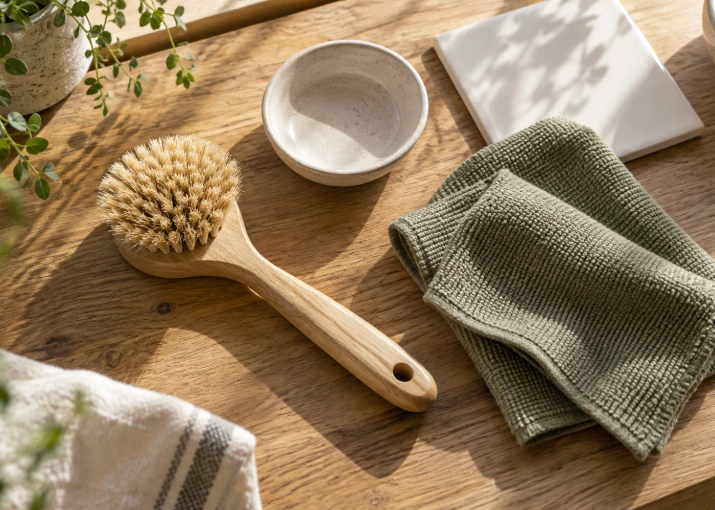 A cleaning brush and green cloth on a wooden table.