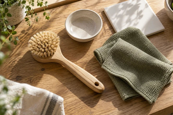 A cleaning brush and green cloth on a wooden table.